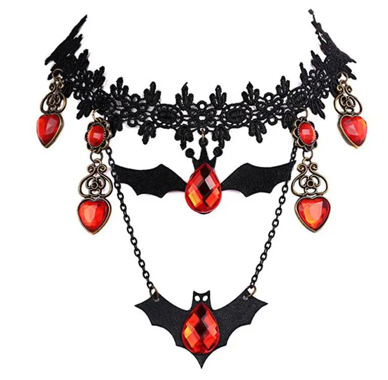 

WIIPU Lace Choker Necklace Bat Crystal Pendants Retro Punk Halloween CosplayJewelry