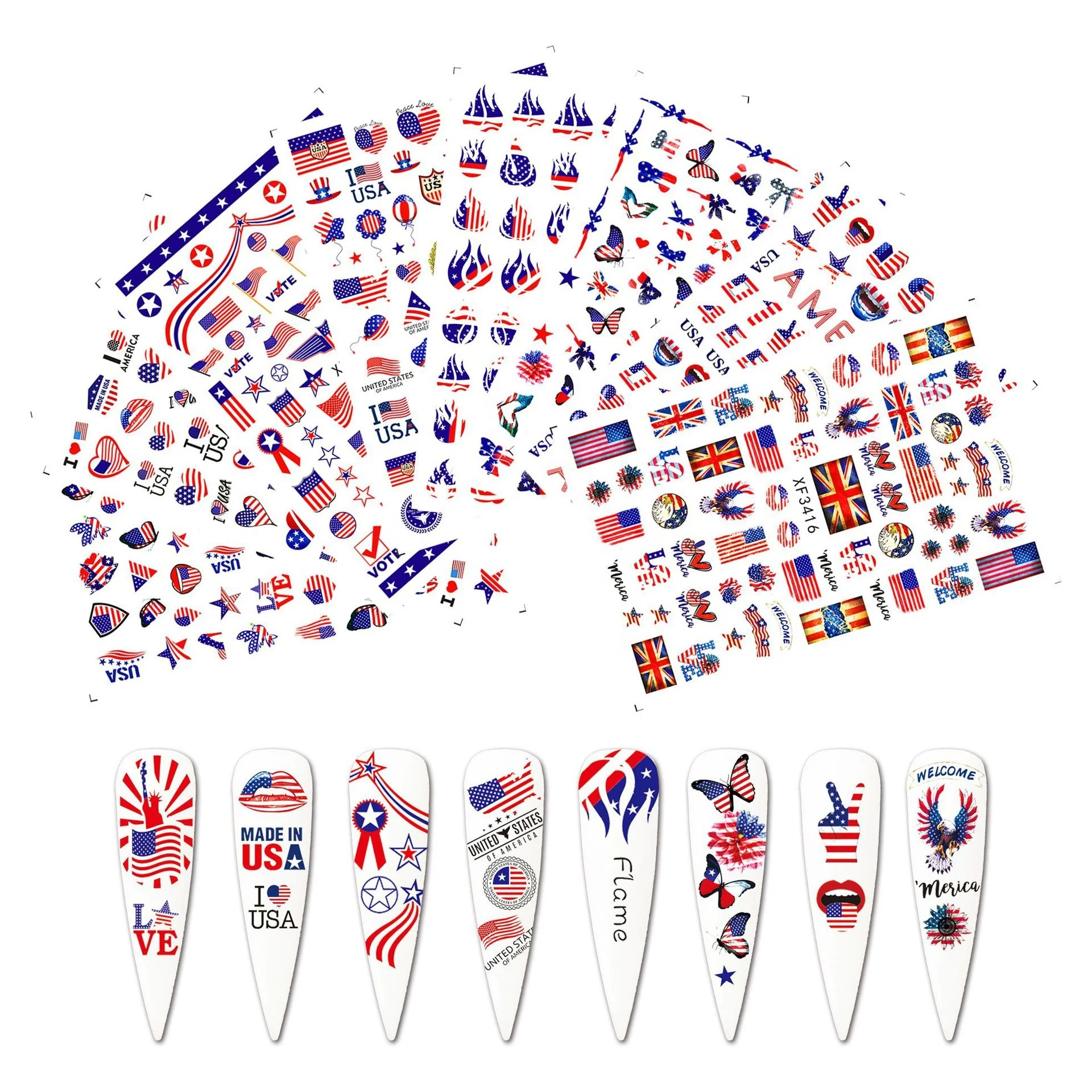 

Paso Sico Wholesale USA Day Flag Series Butterfly Heart Love Nail Art Decals Stickers for 3D DIY Custom Nail Designs