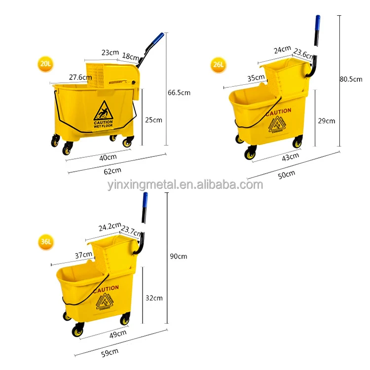 

Commercial Plastic 26 Liter Paint Cleaning Squeeze Mop Bucket Trolley with Down Press Wringer, Yellow