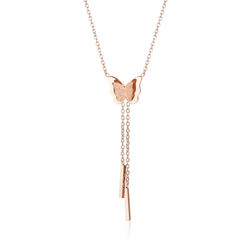 

Rose Gold Plated Stainless Steel Sanded Butterfly Tassel Necklace