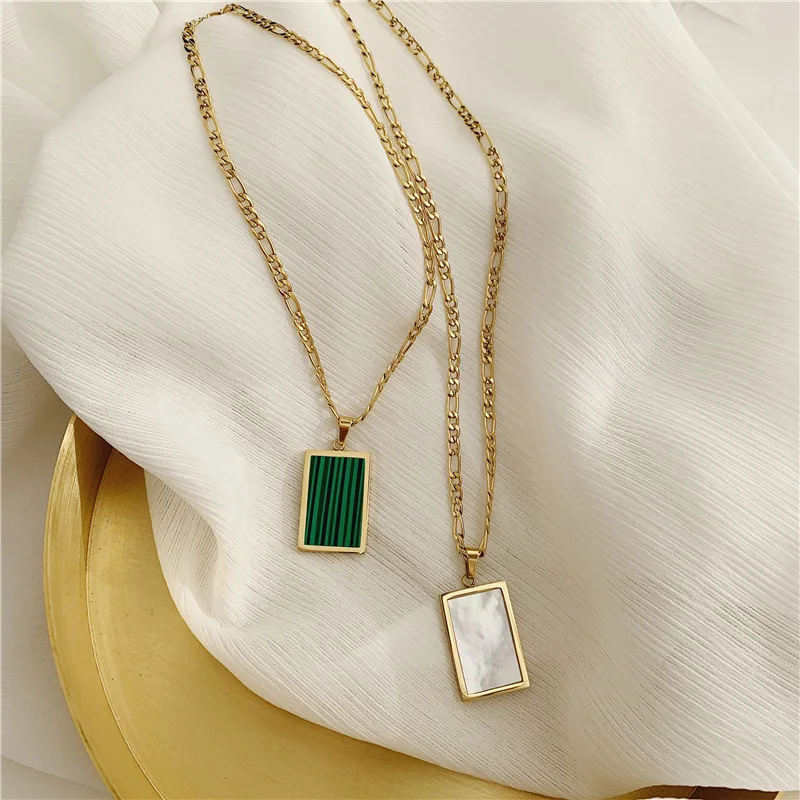 

R.Gem. INS Women Hot Selling 18K Gold Plated Square Rectangle Green White Turquoise Necklaces Natural Shell Pendant