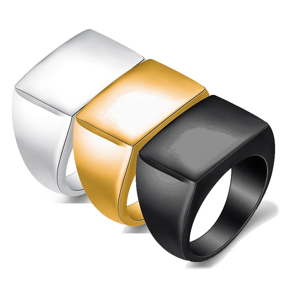 

Men's Personalized Stainless Steel Rectangle Signet Ring Simple Style 13mm Width Engravable Ring Jewelry, Gold, black, silver