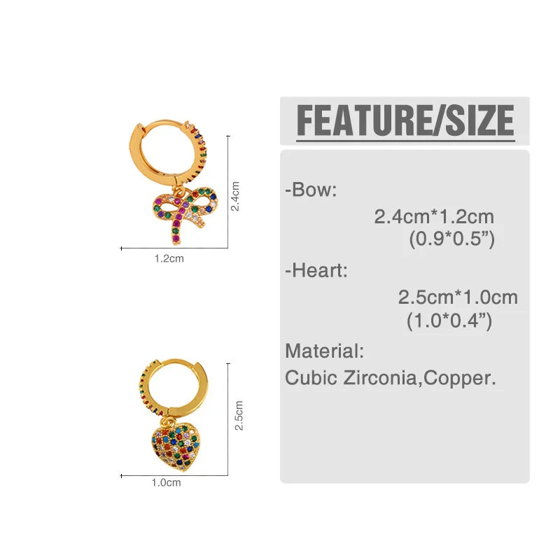 Rainbow zircon heart huggie earrings fashion 18k gold plated bow earrings