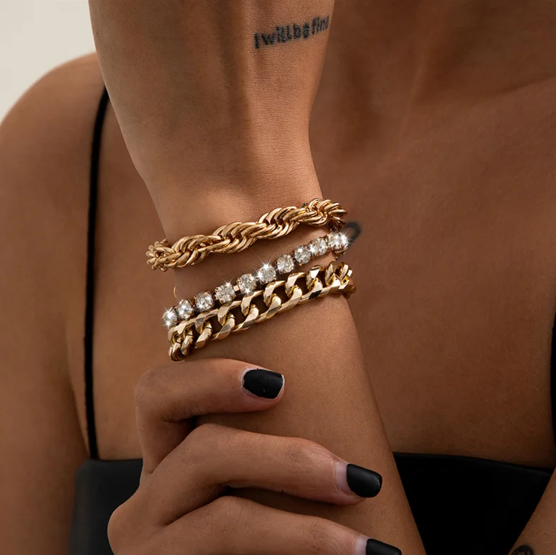 

2020 New arrival best selling wholesale gold jewelry with rhinestone multi layered bracelet women jewelry sets 3pcs bangle