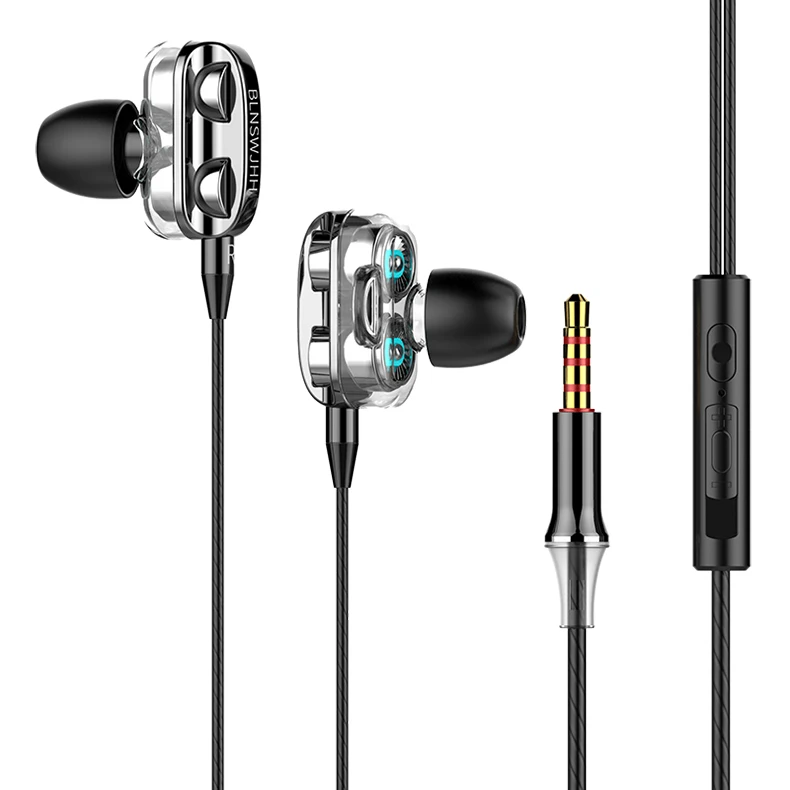 

More Powerful Dual Dynamic Earphone Four Speaker Wired Volume Control Phone Headset