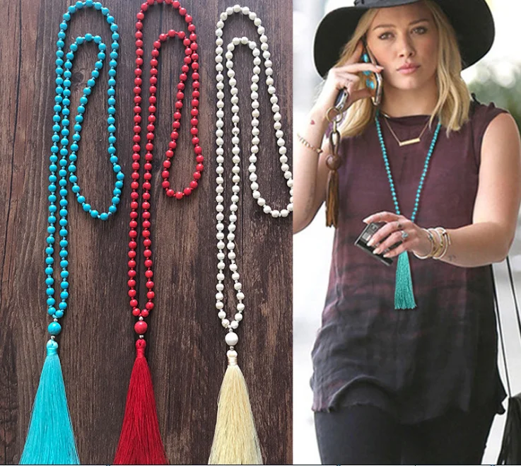 

long turquoise beads knotted tassel necklace hand made beads knotted tassel beach necklace Bohemia jewelry gifts, As picture
