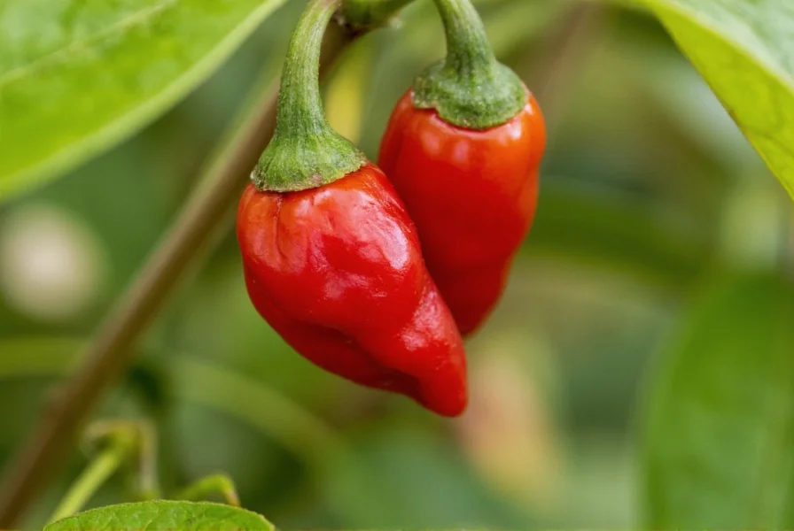 Close-up photograph of mature red Tasmanian chili peppers growing on a compact plant with characteristic wrinkled skin and small size