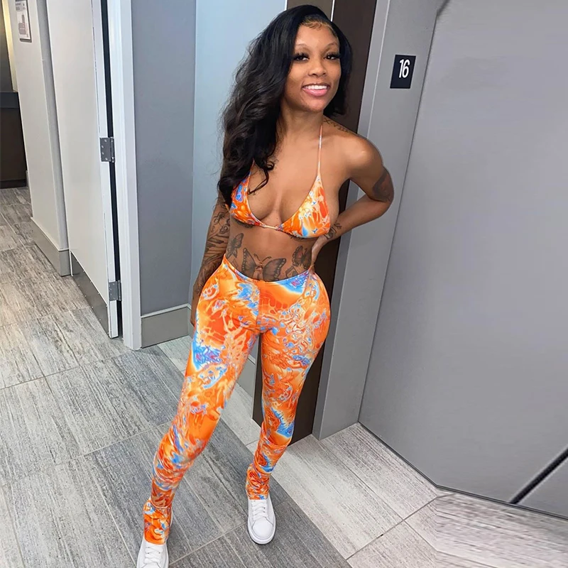 

2021 Women Clothing Summer Print Open Back Sexy Crop Top High Waist Stack Pants 2 Piece Pants Set, 4 colors