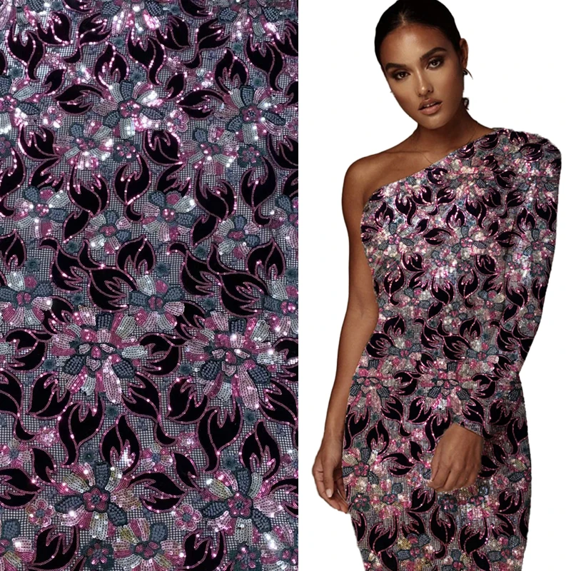 

French lace fabric 2020 African mesh embroidery application 3D lace velvet sequin fabric