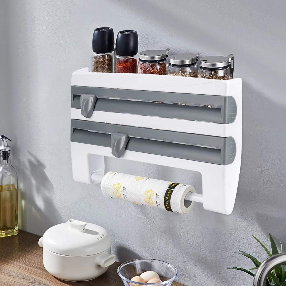 

4 In 1 Kitchen Paper Towel Holder Cling Film Cutting Holder Sauce Bottle Tin Foil Paper Storage Rack, Multicolor