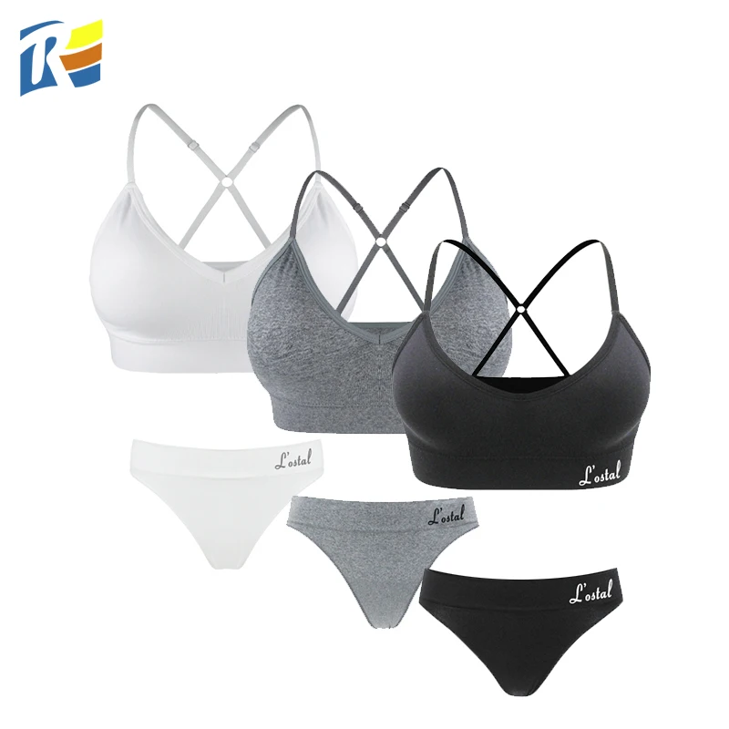 

Support OEM Custom Cross Back Seamless Padded Camisole Bra and G-string Thong Sets, Black/white/gray