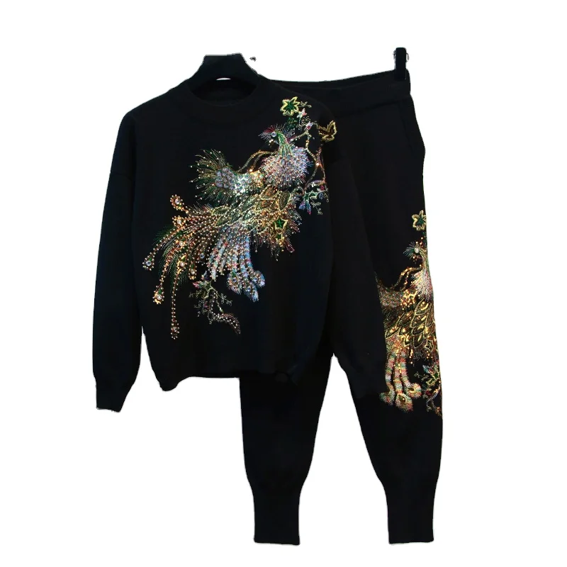 

2021 Autumn And Winter Women's 2 Piece Sweater Set Peacock Bead Embroidery Long-sleeved Sweater Knit Pants Tracksuit Outfits