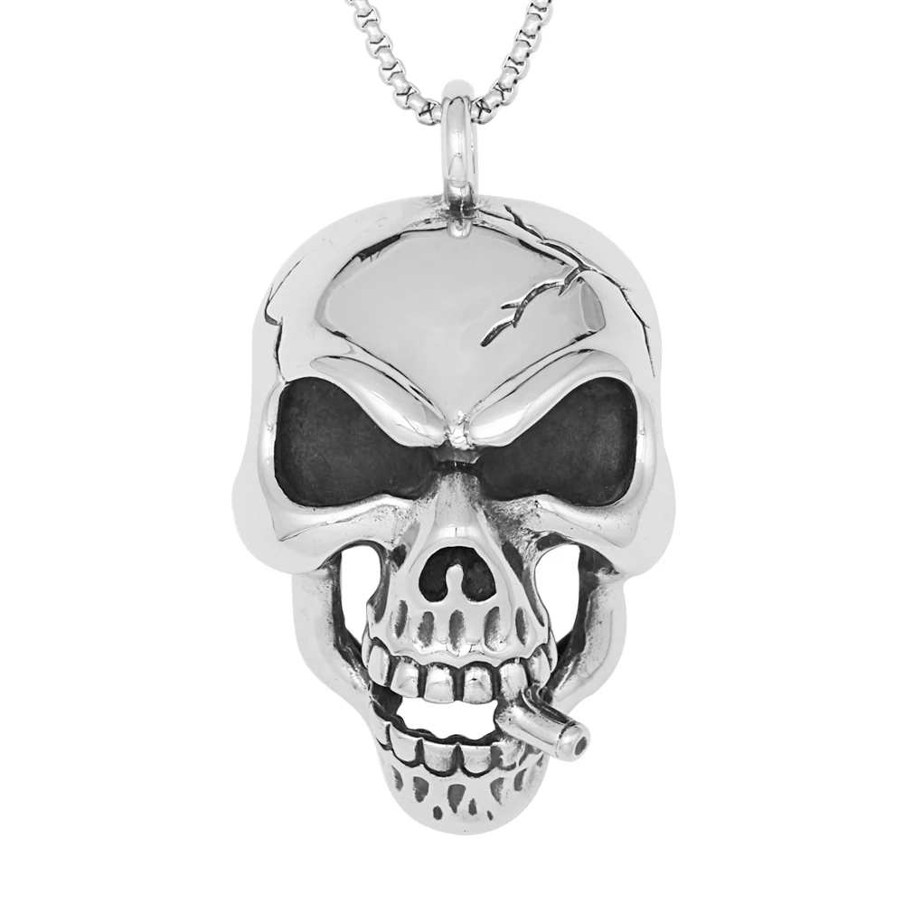 

Men Fashion Jewelry Gothic 3D Smoking Skeleton Head Pendant Colgante Stainless Steel Large Skull Pendant Necklace