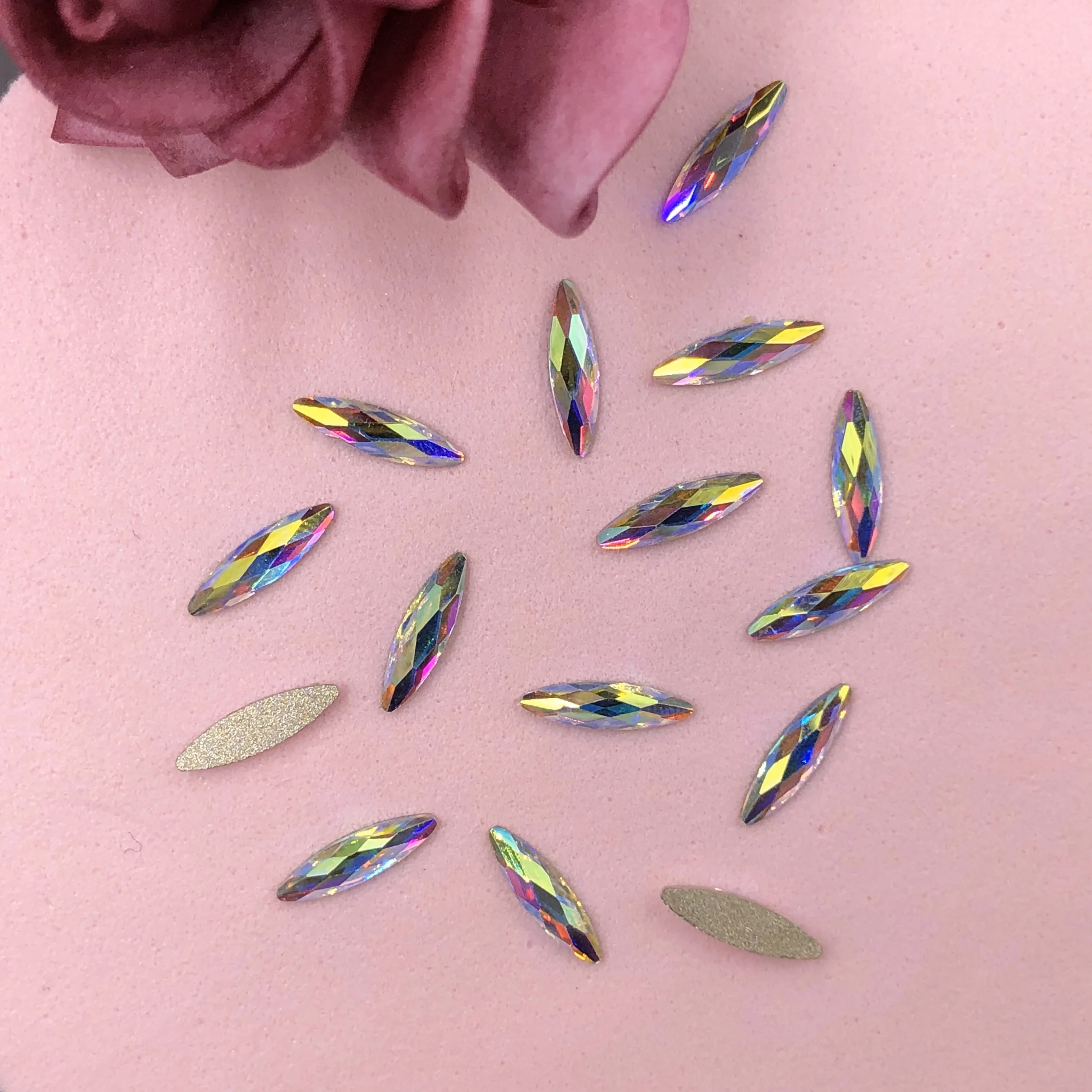 

Wholesale Shaped Stone Long Horse Eye Shape Golden Back AB Colorful Flat Iron Nail Art Rhinestone
