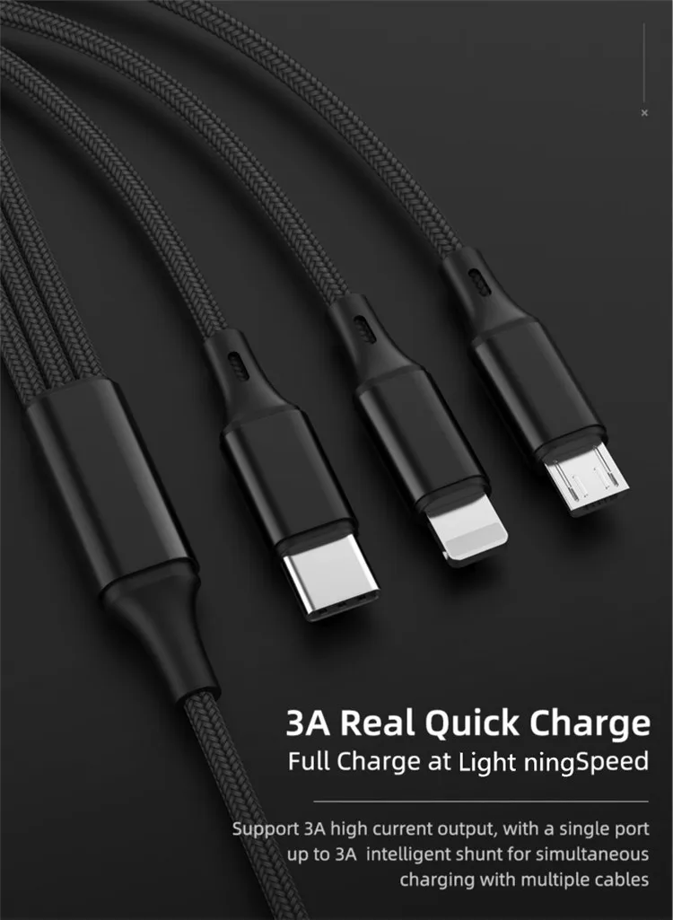 Amazon hot sale 3A Fast Charging 1.25M 3 In 1 USB C Cable to Light ning For iPhone 12 USB C to MIcro Type C Charging Cable - ANKUX.COM