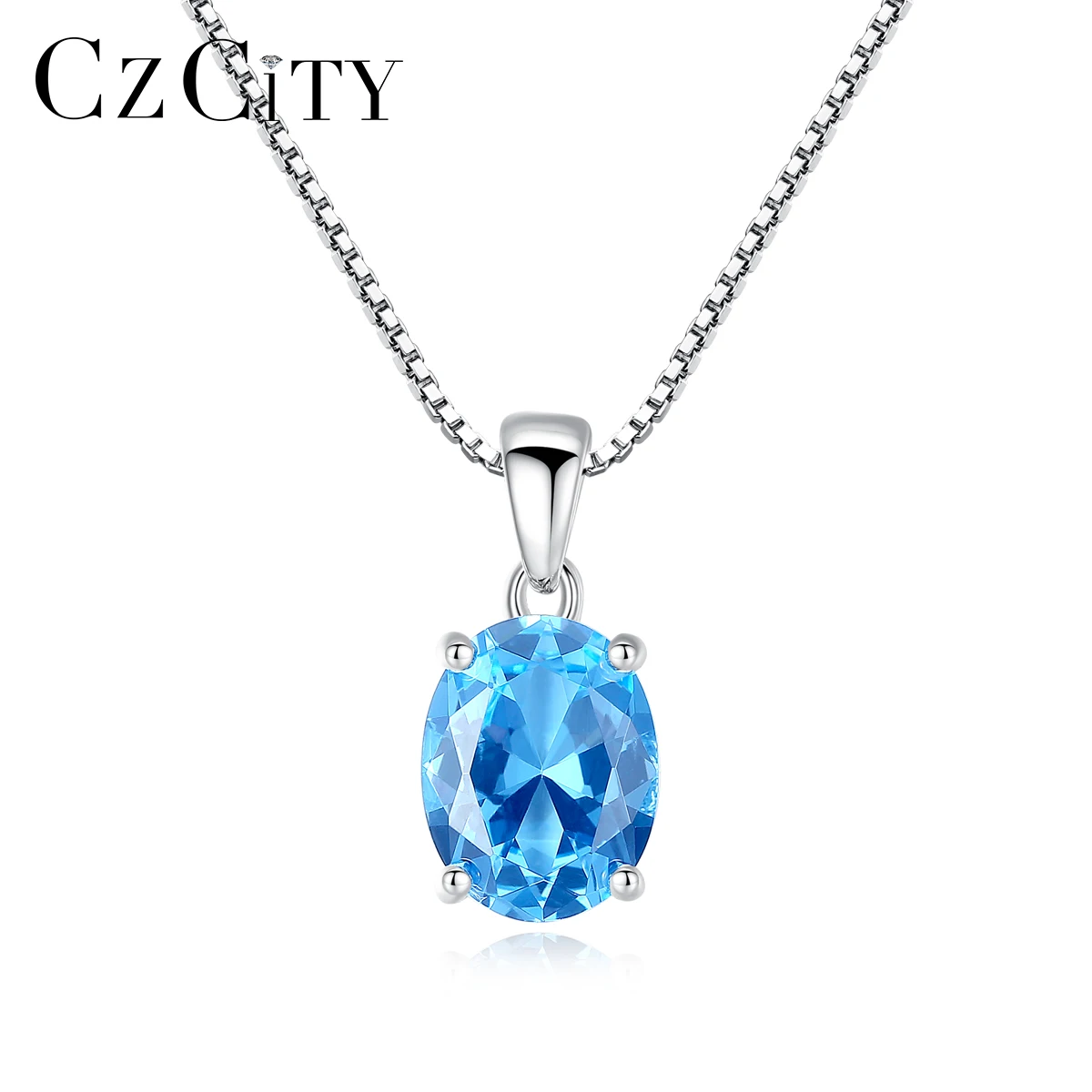 CZCITY Synthetic 2.3 Carat Oval Shape Solitaire Sky Blue Topaz Stone Pendant 925 Sterling Silver Charms Necklace Pendant