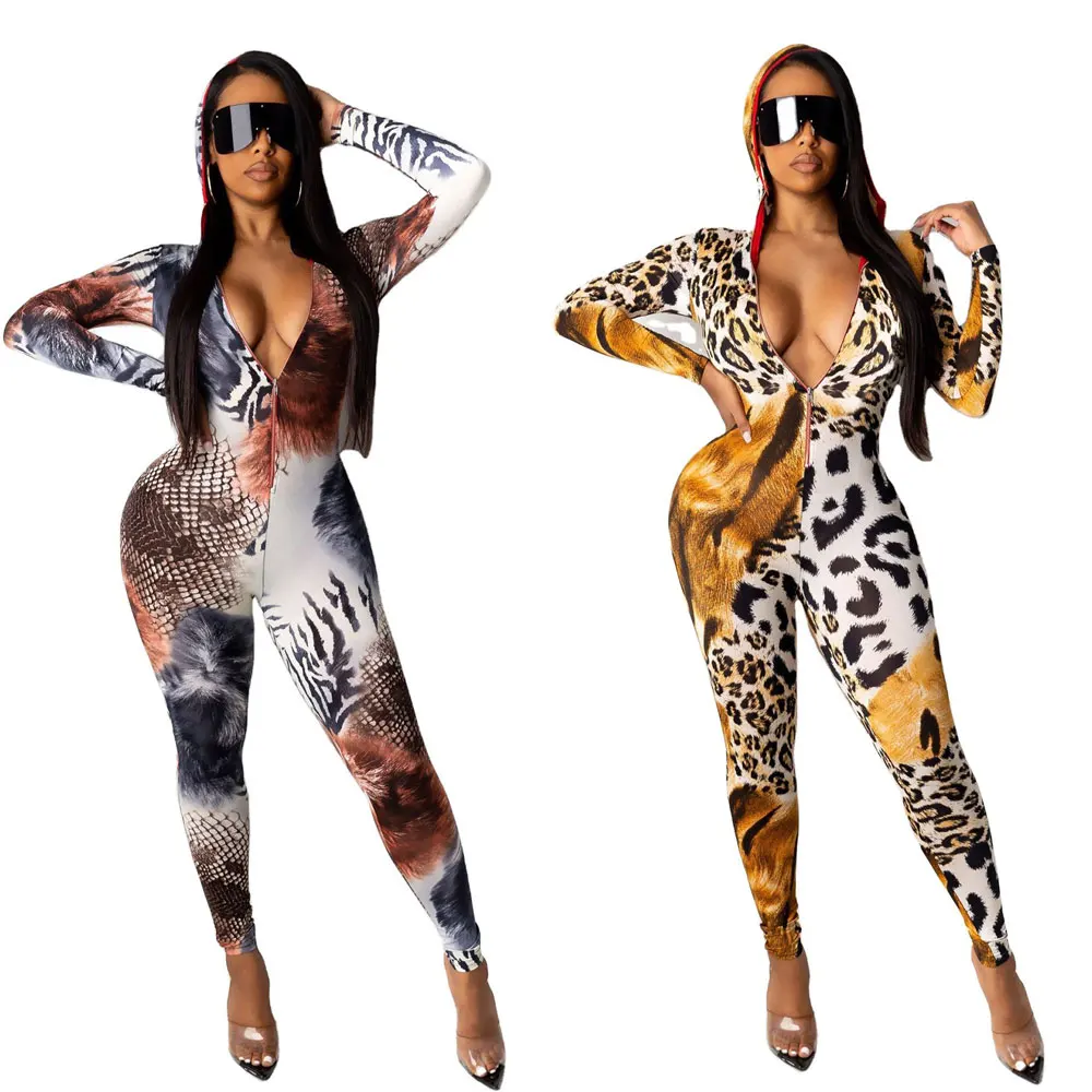 

21020-MX2 pencil hooded designs leopard print one piece jumpsuits ladies sehe fashion