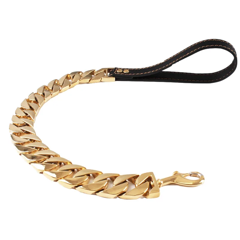 

Hot Selling Titanium Steel Stainless Steel anti-bite 32MM Pet Dog Leash Dog Chain leather handle