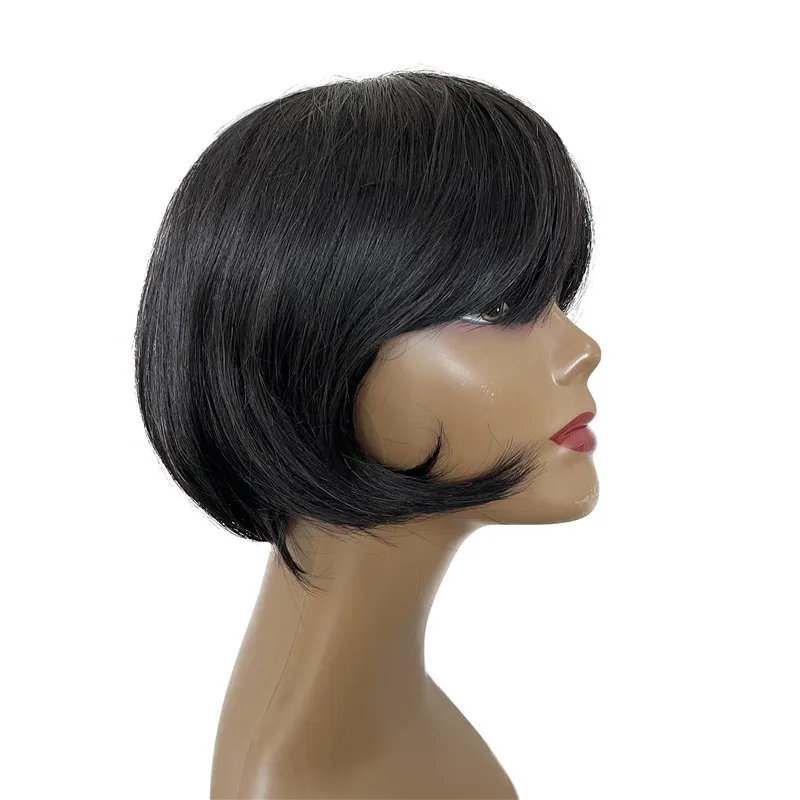 

Ready To Ship 1B natural water wave machine made wholesale peruvian short bob curly pixie wig with bang