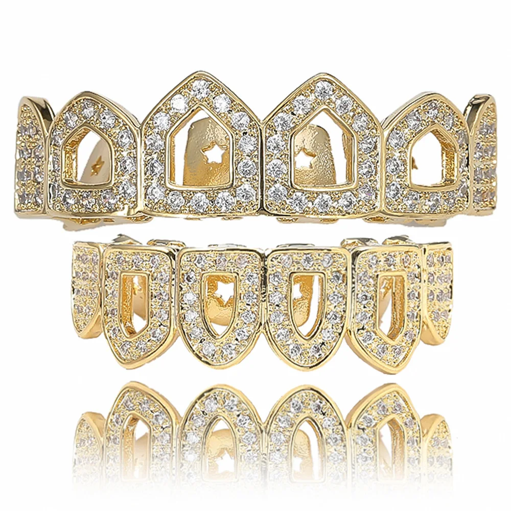 

Hip Hops Jewelry Real Gold Plated Micro Pave Diamond Teeth Grillz Iced Out Hollow CZ Teeth Grillz Set For Party