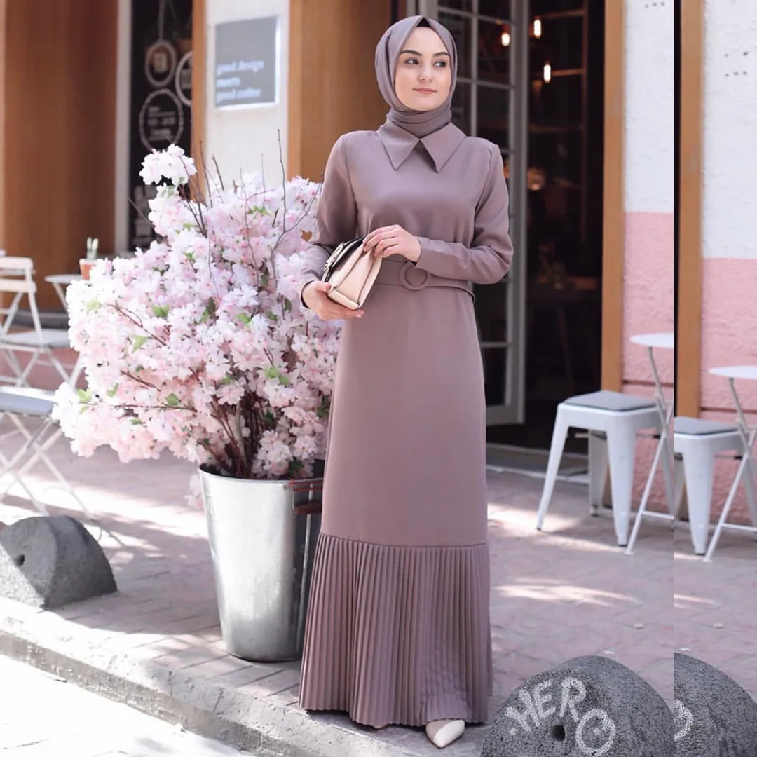 

beautiful long dress with crinkle swaying and collar official women dress clothing with long sleeves