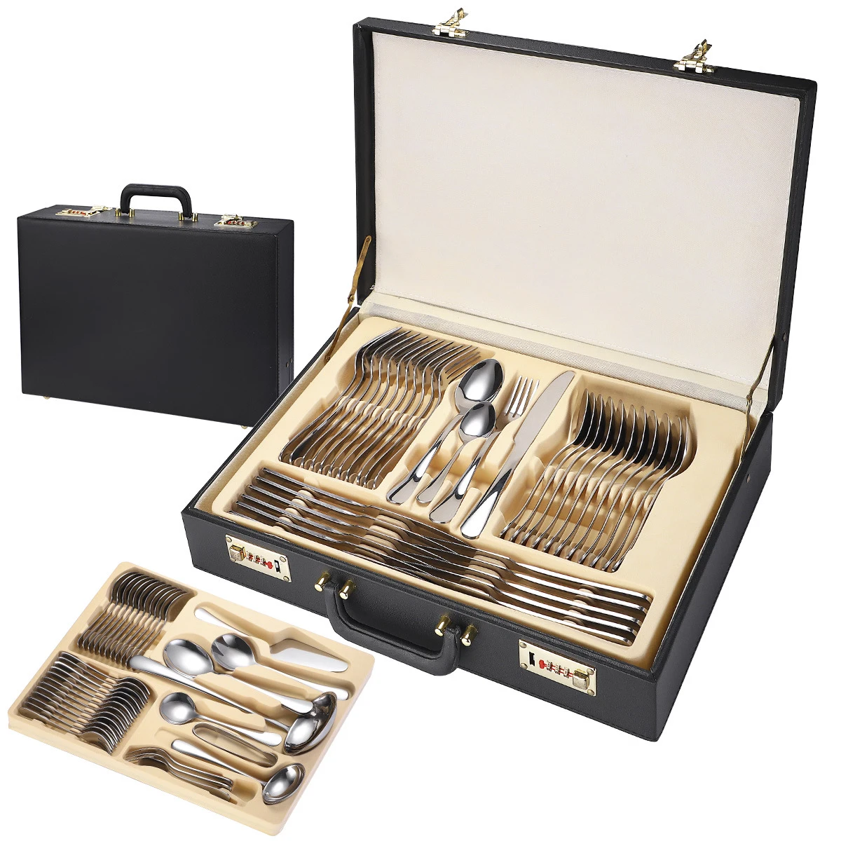 

High-end stainless steel and titanium-plated 72-piece cutlery set with black leather box