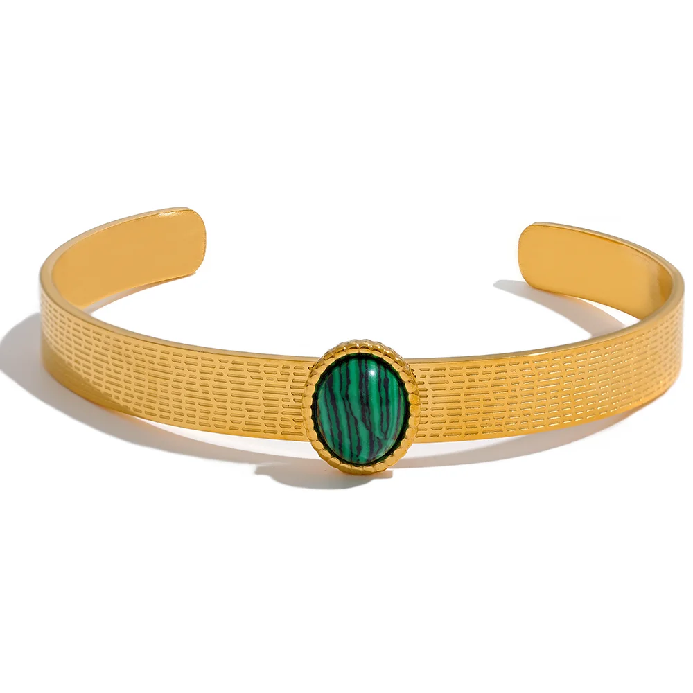 

JINYOU 2123 Stainless Steel Natural Stone Open Cuff Bracelet Bangle Green Aventurine PVD Gold Color Trendy Fashion Charm Jewelry