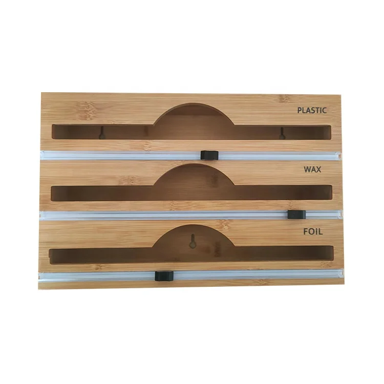 Bamboo Wood Plastic Wrap Dispenser Organizer With Slider Cutter Three Layer for Kitchen