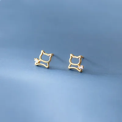 

Summer Simple Jewelry S925 Sterling Silver Cat Earrings Crystal CZ Cat Stud Earrings For Women Sweet Girls