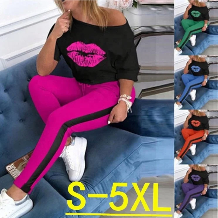 

Women Tracksuit Sport Casual Letter Pattern Cartoon Lip Print Crew Neck Short Sleeve T-shirt For Women Two-piece Set in Stock, Picture