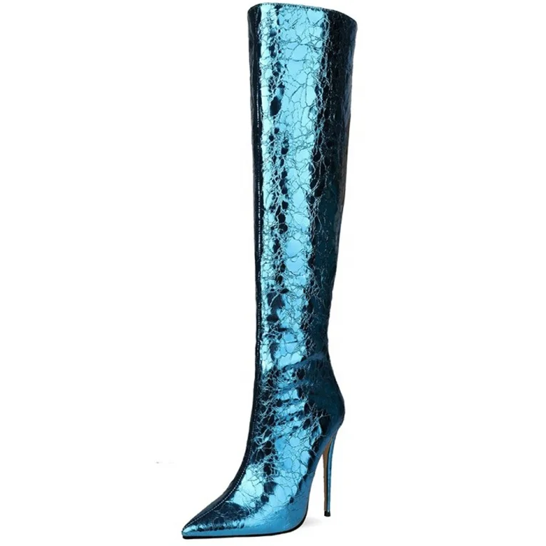 

Large Size 45 Long Women Boots Blue Sexy Pointed Toe Women's Shoes Custom Design Silver Stiletto High Heel Over Knee High Boots, Blue,gold,green,purple,red,silver
