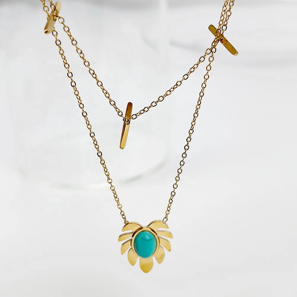 

Titanium Steel New Design Jewelry Vintage Turquoise Sunflower Pendant Necklaces Double Layer Gold Plated Bracelets Necklace