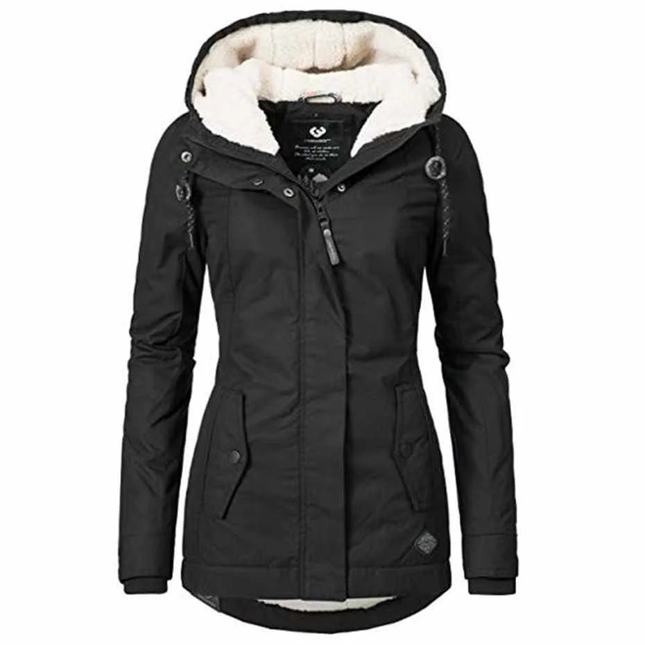 

Women Winter Fleece Long Sleeve Hooded Parkas Outdoor Windproof Warm Slim Jacket Cotton Wadded Coat Plush Overcoat Snow Outwear