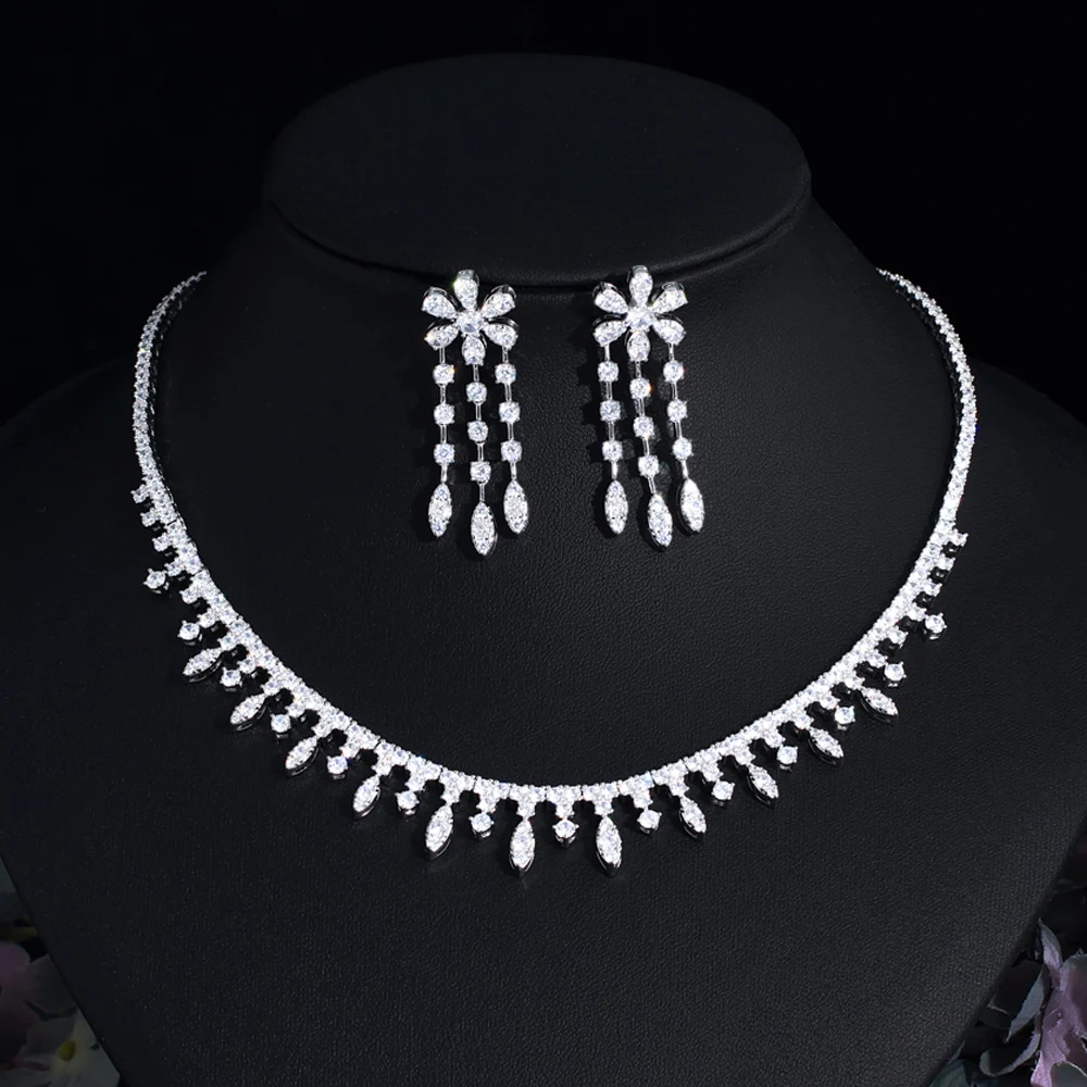 Top Grade Shiny White Gold Plated Cubic Zirconia Bridal Choker Necklace Jewelry Sets for Women Wedding Party Dress Accessories