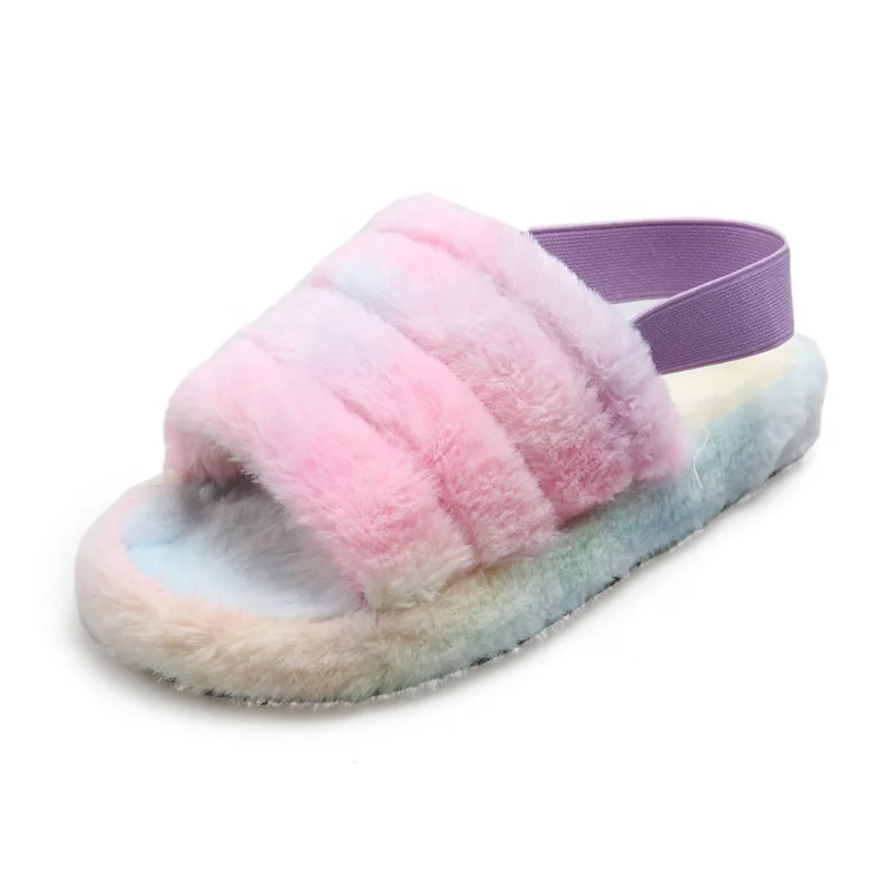 

2020 newest multicolor Women Flat Faux fur slippers rainbow women faux fur slides sandals women winter warm plush slides, As pictures