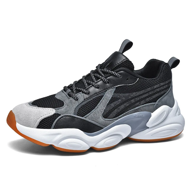 

High qualit factory wholesale leather sport shoes for men reflective breathable men sneakers comfortable PU shoes, Black, grey