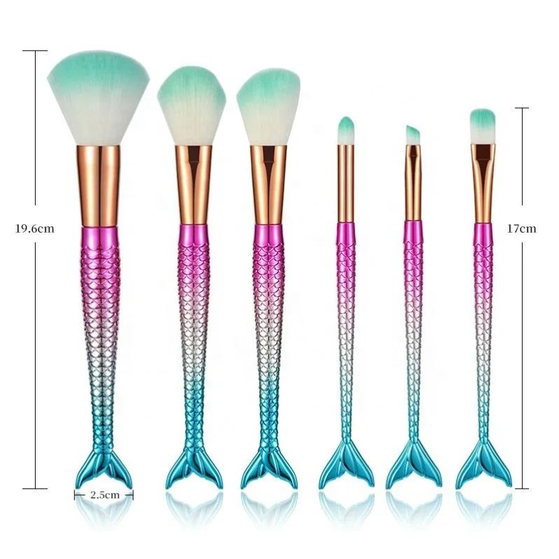 

Design Portable 6 Pcs Mermaid Makeup Brush Set Colorful Gradient Fishtail Handle Eyeshadow With Pvc Bag, Pics