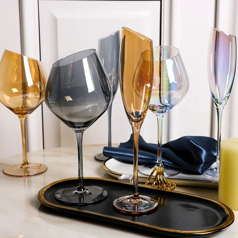 

2021 Luxury Crystal Wine Glass for Wedding Event Hotel Bar Decorated Skew Notch Amber Grey Iridescent Flute Champagne Goblet, Amber,grey and iridescent