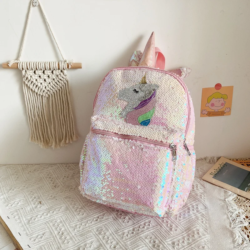 

Wholesale fashion Sequins Unicorn style girls backpack kindergarten children kids school backpack school bag kids backpack, Pink