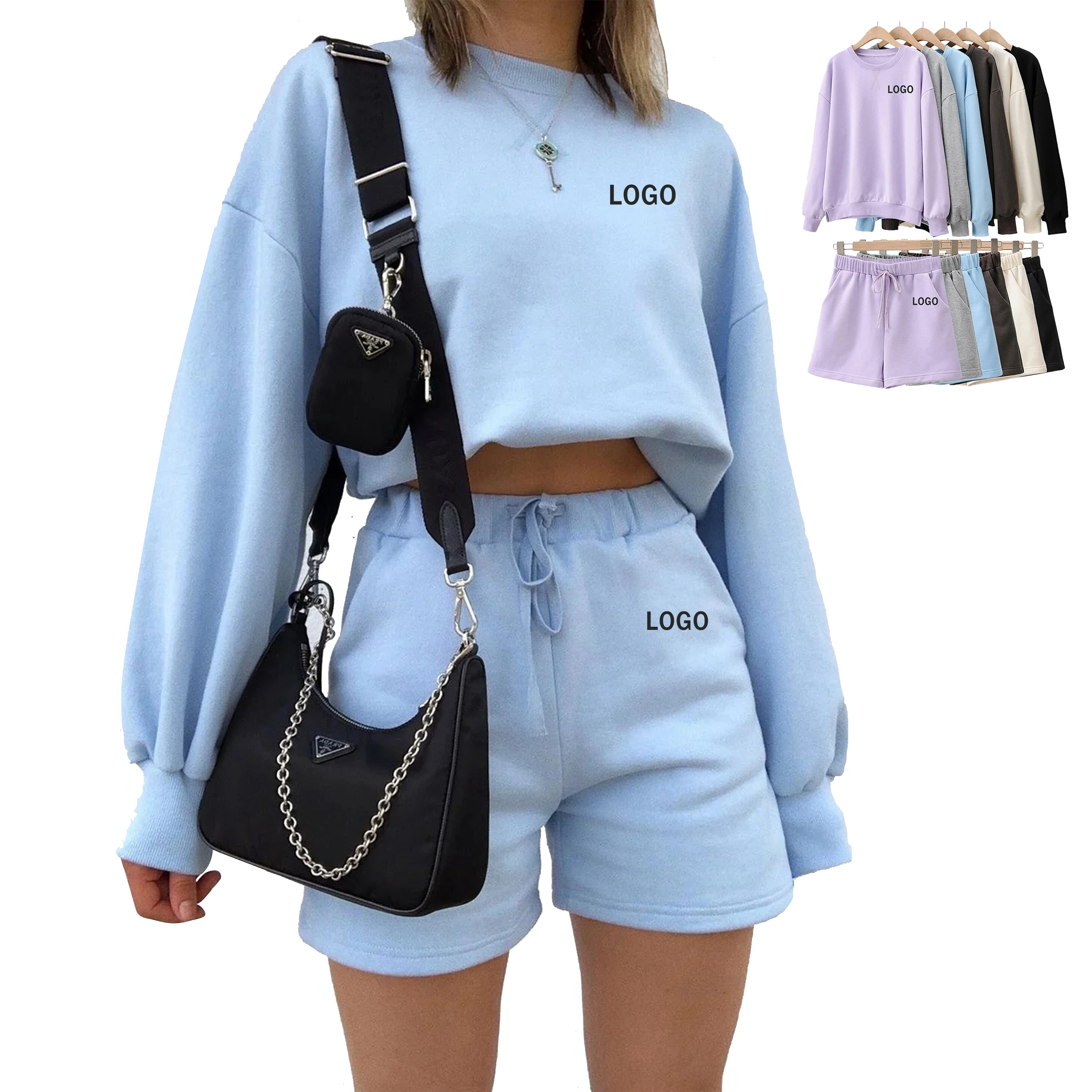 

oem custom logo Fall Crew neck Pullovers Woman Long Sleeve sweater and shorts jogger set Casual 2 piece set women