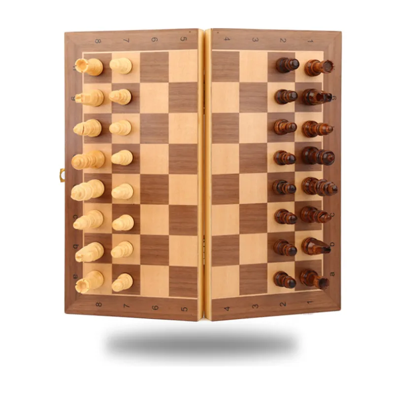 44*44 cm Wooden International Folding Chess Set Board Wooden 3 IN 1 Chess and Checkers and Backgammon Indoor Games, Bamboo