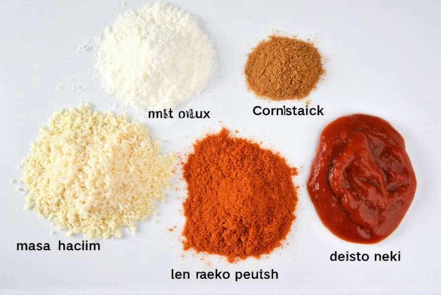 Various thickening ingredients for chili including cornstarch, masa harina, and tomato paste arranged neatly