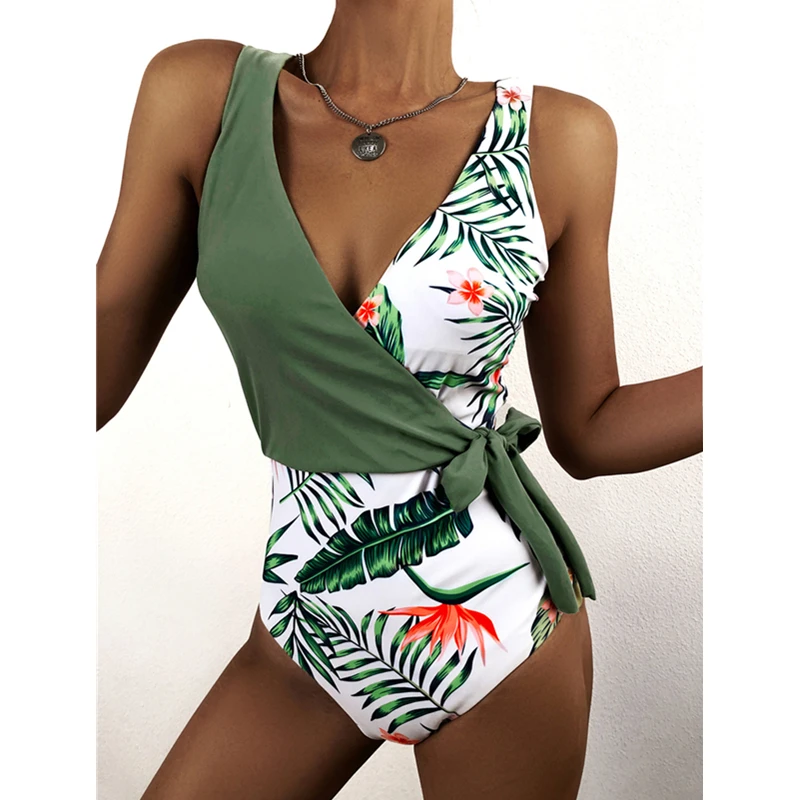 

Women's One Piece Swimsuit Halter Monokini 2021 New Leaves Print Beach Swimwear Bathing Suit Brazilian Biquini Female