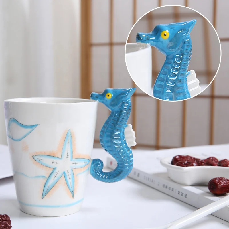 

Baby use child use lovely 450 ml 3D animal ocean marine Hippocampus ceramic milk water cup for export