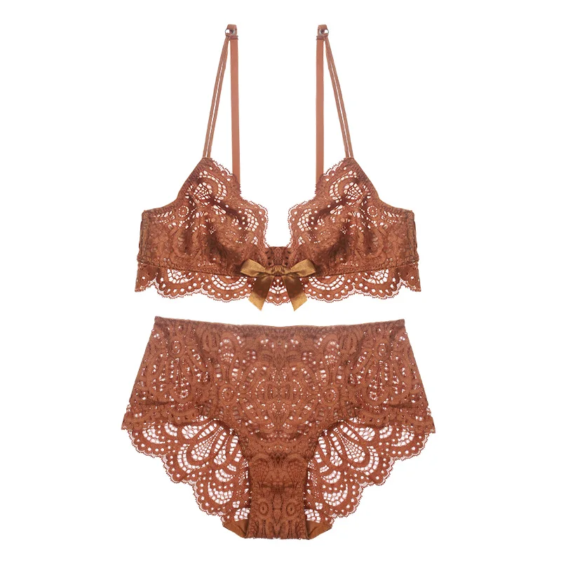

French Hollow Thin 3/4 Cup Sexy Bra Set Women's Lingerie, Brown
