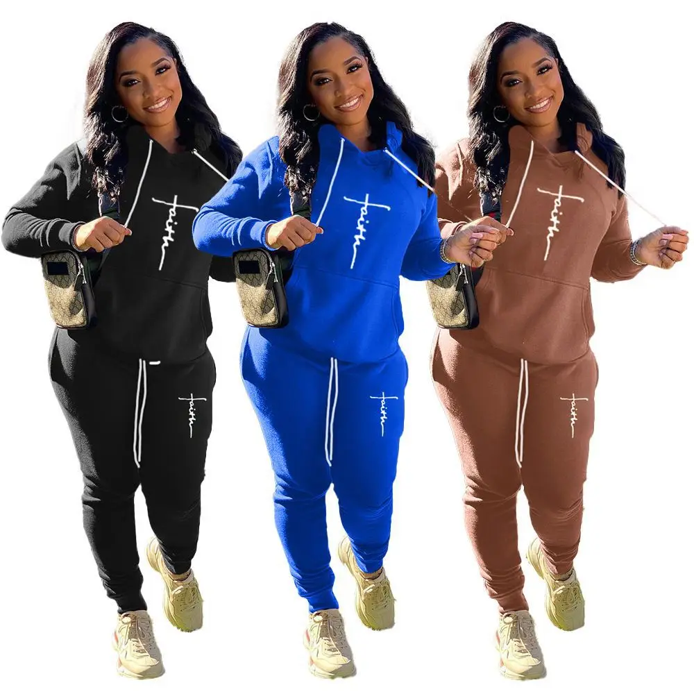 

New Design Casual Drawstring Pants And Hoodie Sets Sporty 2021 Fall Women Pullover Tracksuit Set, Black, blue, brown