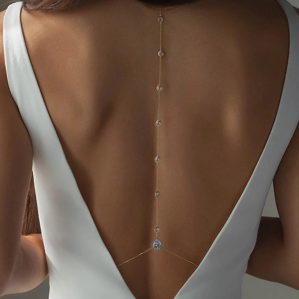 

Wedding Bridal Back Chain Body Jewelry Accessories Gold Plated Inlaid Pave Water Drop Zircon Necklace Back Body Chains