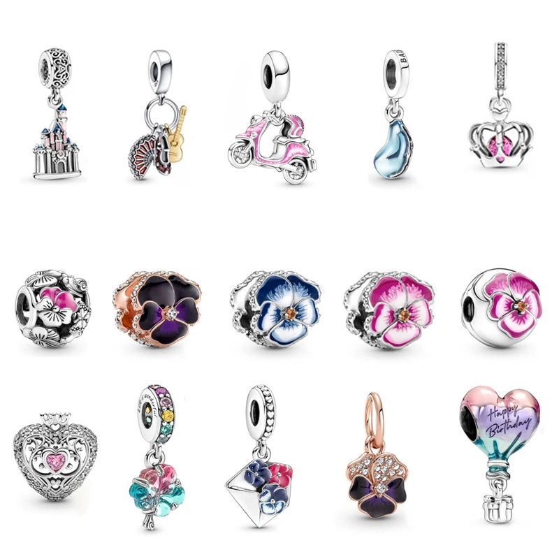 

Slovehoony Fashion Castle 925 Sterling Silver New Colorful Bead CZ Pansy Flower Charms