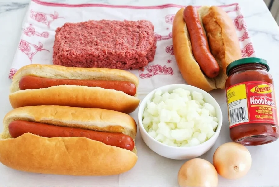 Homemade Sonic-style chili dog ingredients: ground beef, tomato paste, hot dogs, buns, mustard, onions