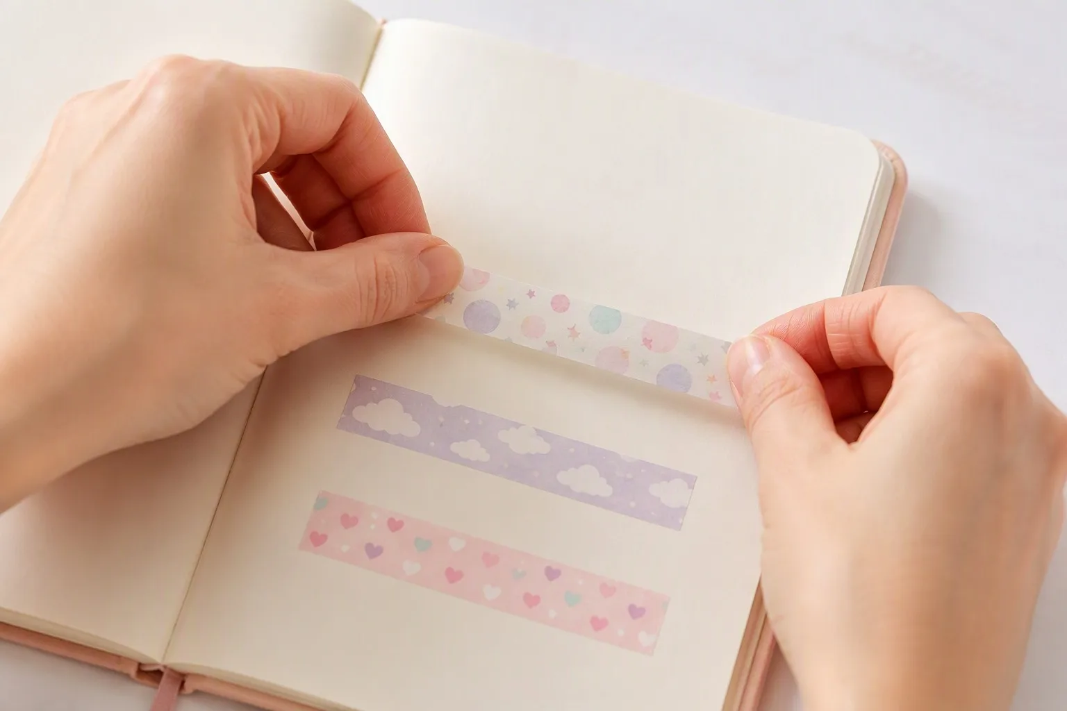Hands applying multiple kawaii tape patterns to journal